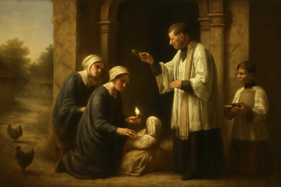Oil-painting-style illustration of a young mother holding a lighted candle as a priest in a white stole blesses her at the door of a village church