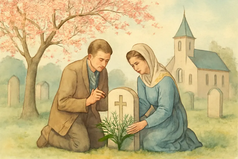 Watercolor illustration of a grown son and daughter placing flowers on their mother's grave on a spring morning