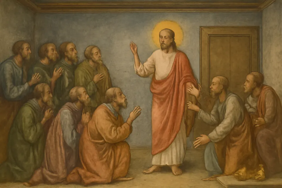 Illustration of the risen Christ standing among his apostles in a lamplit upper room, raising his hand in blessing and saying, "Peace be to you"