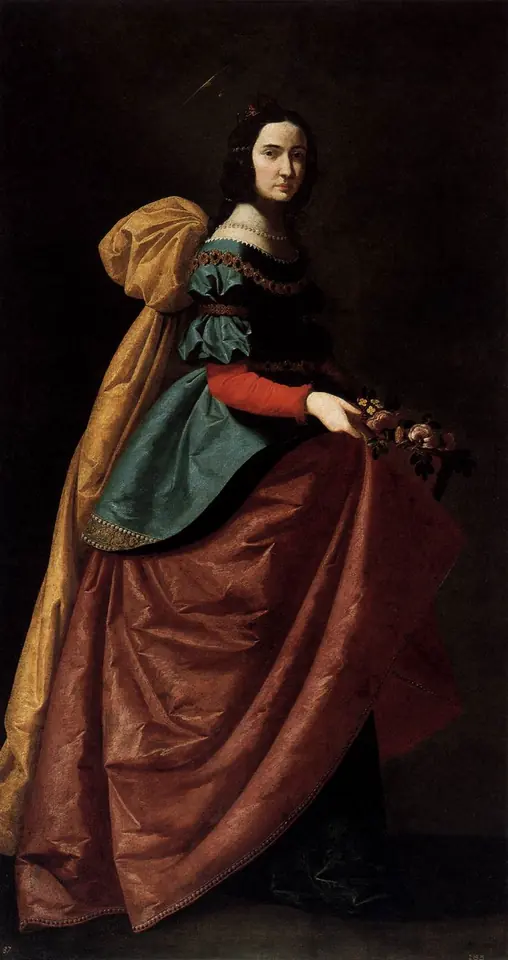 A young queen in a richly folded red, green and gold dress walks against a dark background, holding roses in the fold of her skirt
