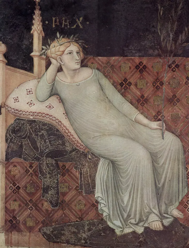 Fresco of Peace as a young woman in a white gown, crowned with an olive wreath, reclining on a cushion with her elbow on a pile of armor, the word PAX above her head