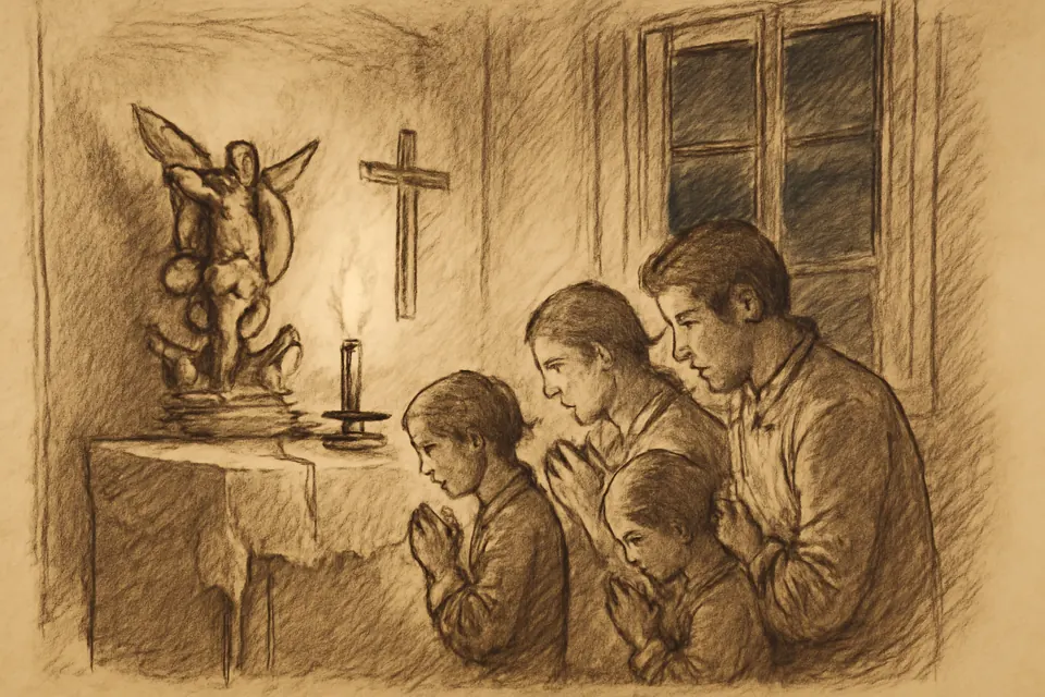 Oil-painting-style illustration of a family kneeling in prayer before a small home altar with a statue of St. Michael and a lit candle in the evening