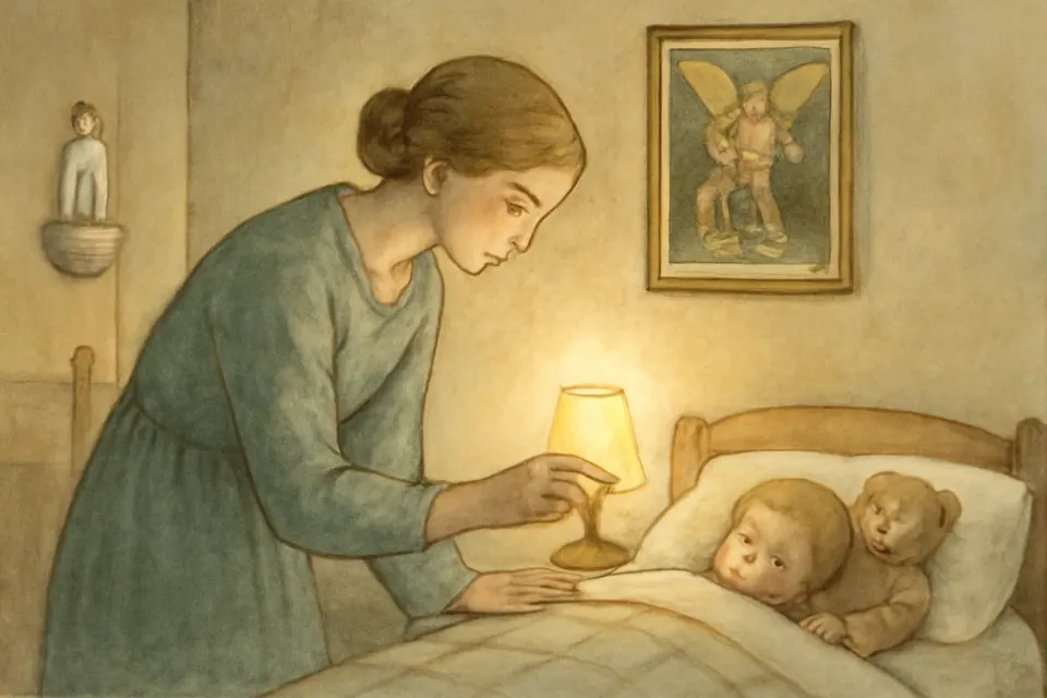Watercolor-style illustration of a mother tracing the sign of the cross on her sleeping child's forehead with holy water at bedtime