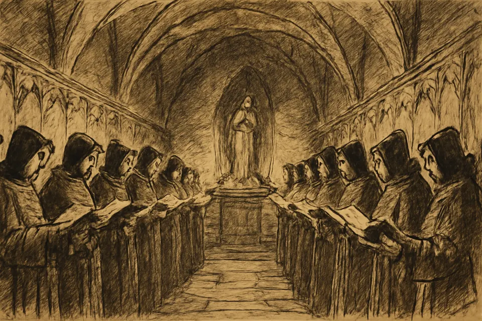 Ink-drawing-style illustration of monks in a dim stone choir chanting Compline, the Church's night prayer, by the light of a few candles