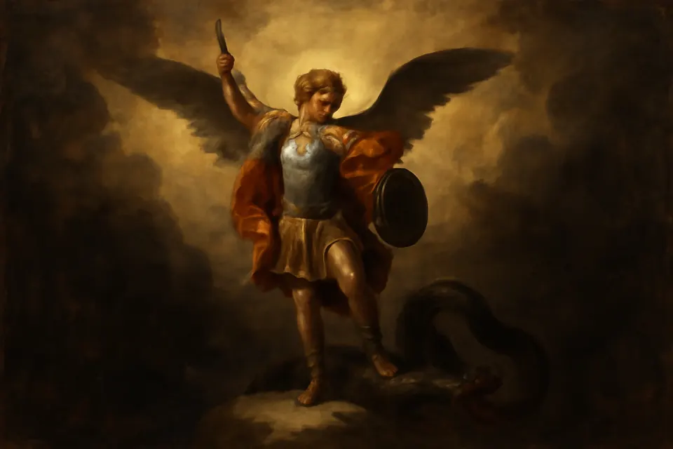 San Miguel, príncipe de la milicia celestial, arroja a la antigua serpiente.