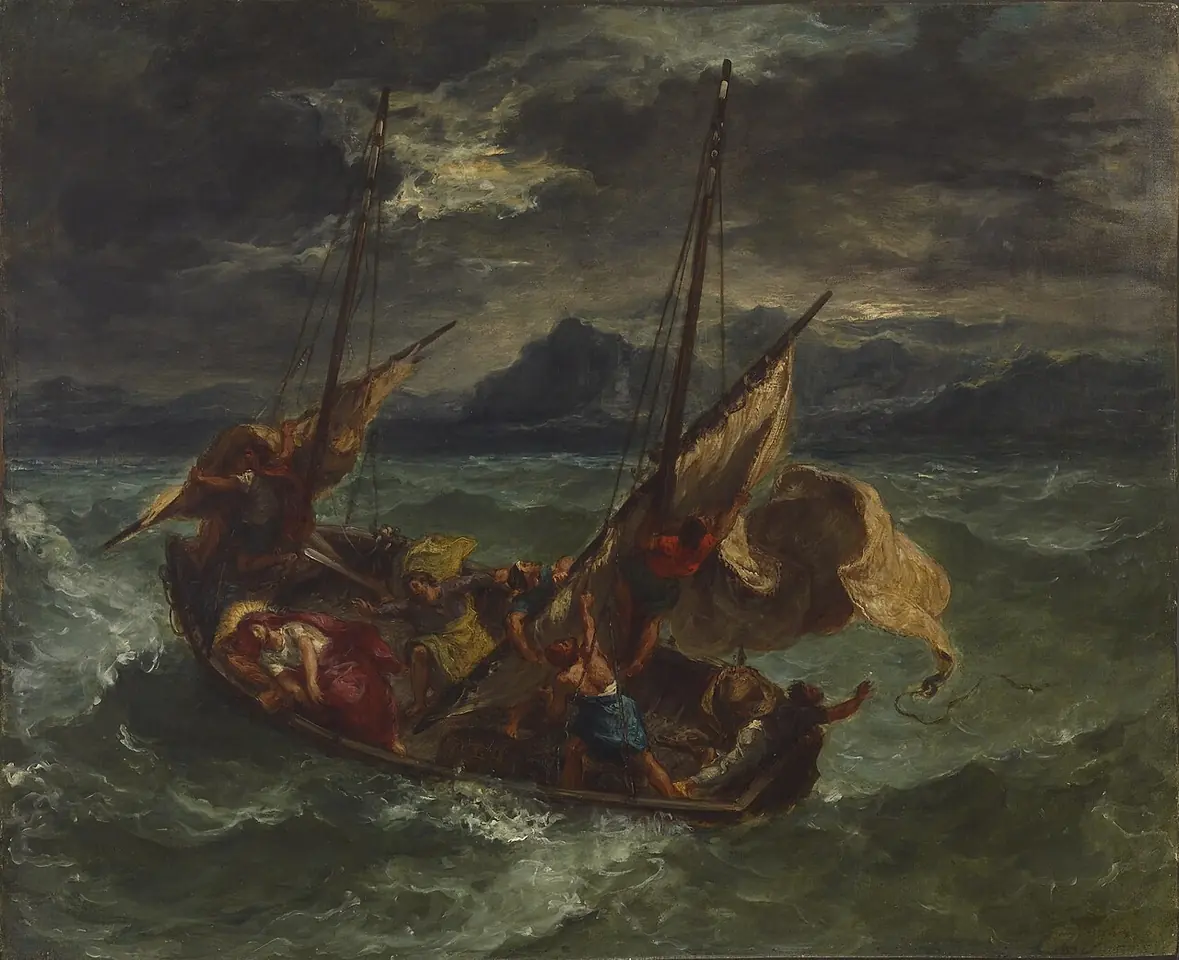 Una pequeña barca sacudida por olas verdes y oscuras mientras los apóstoles luchan con la vela y los remos, y Cristo duerme en la popa con un suave halo