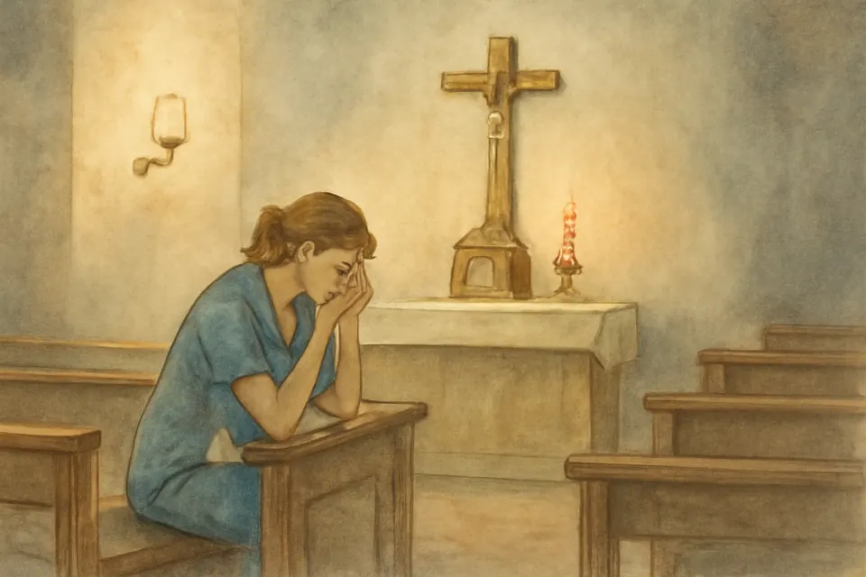 Oil-painting-style illustration of a tired young nurse in scrubs kneeling alone before the tabernacle in a small hospital chapel at night