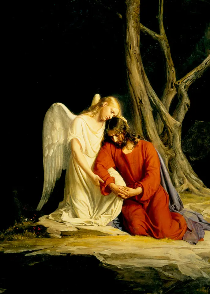 Painting of a kneeling Christ in a red robe, exhausted, held up in the embrace of a white-robed angel under dark olive trees at night