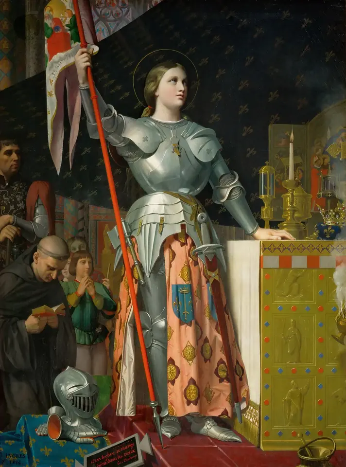 Painting of St. Joan of Arc in full armor standing beside an altar in Reims Cathedral, holding her white banner, with her eyes raised to heaven