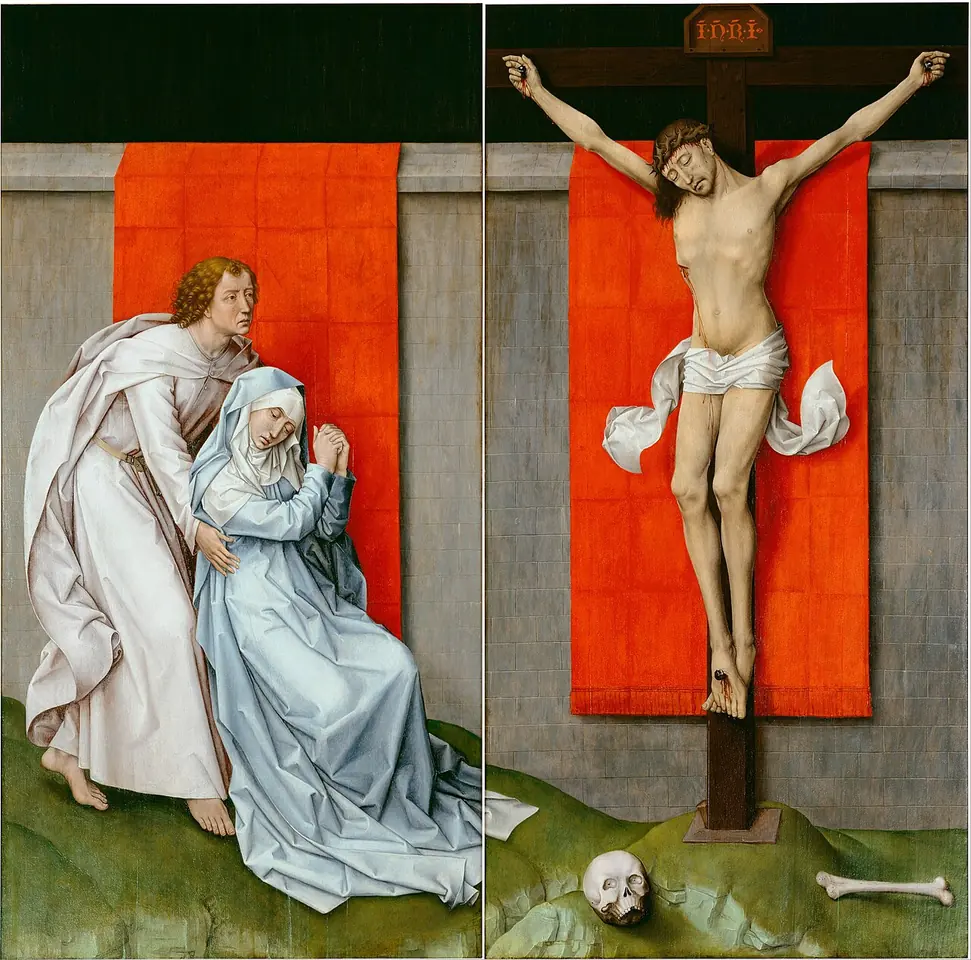 Two panels against red cloth hangings, on the left the Virgin Mary in white collapsing with grief into the arms of St. John, on the right Christ dead on the cross