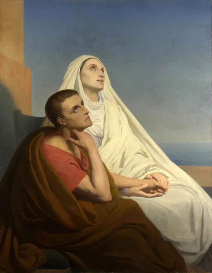 Painting of St. Monica in a white veil and her son St. Augustine seated together by a window over the sea, she holding his hand and both gazing upward