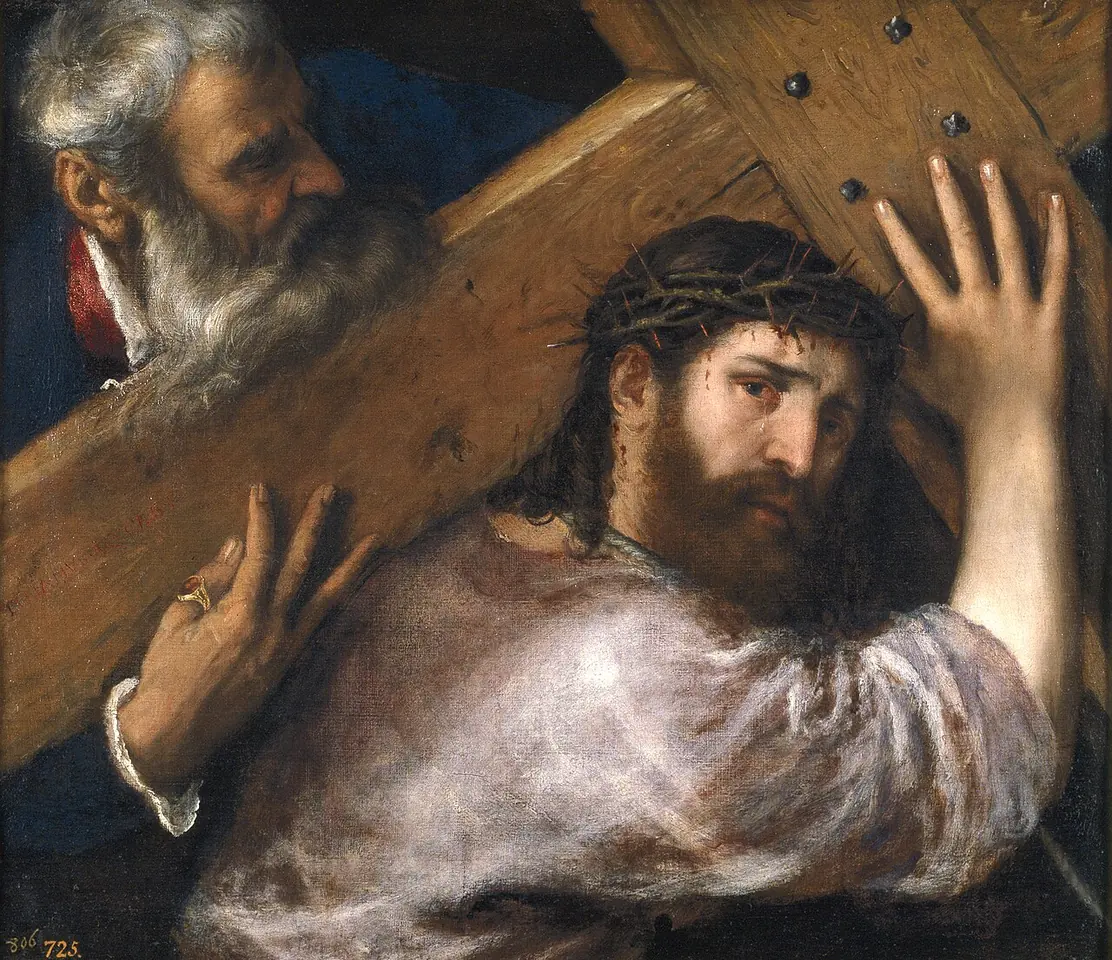 Painting of Christ crowned with thorns, his hand on the heavy wooden beam of the cross, while a gray-bearded Simon of Cyrene lifts it from behind