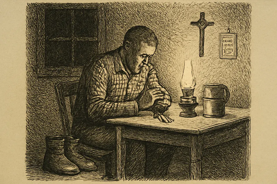 Engraving-style illustration of a workman praying with his rosary at a kitchen table before dawn, his lunch pail and boots beside him