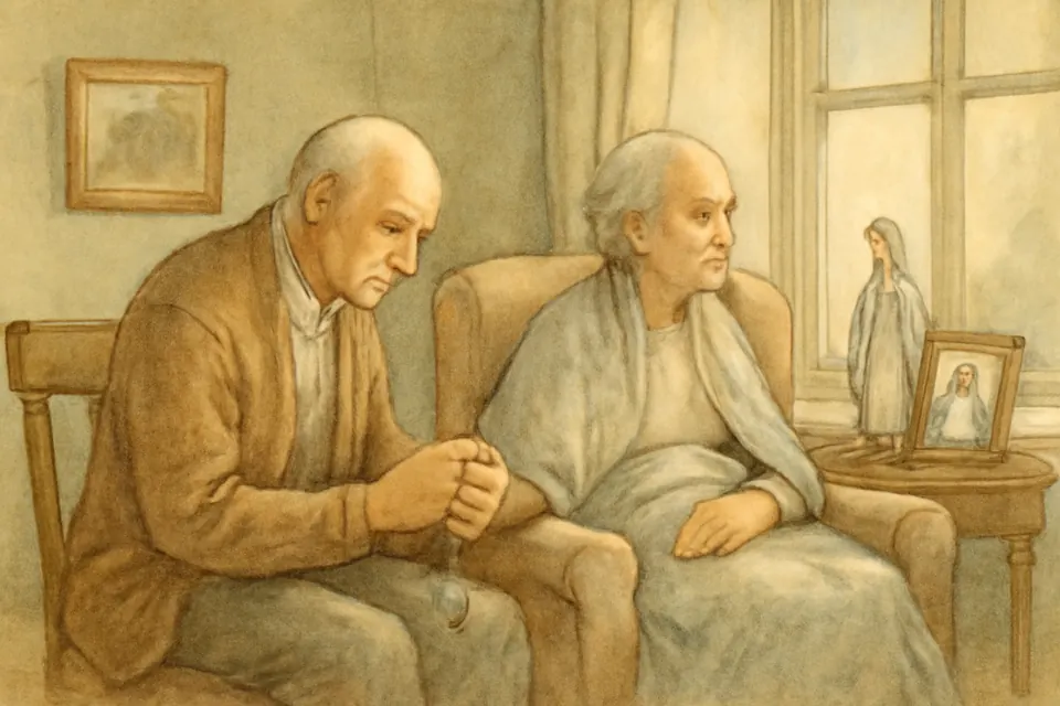 Watercolor-style illustration of an elderly man praying the rosary beside his wife in an armchair by a window