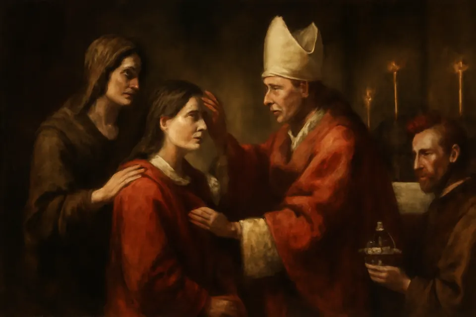 Oil-painting-style illustration of a bishop anointing a teenager's forehead with chrism at Confirmation while her sponsor rests a hand on her shoulder