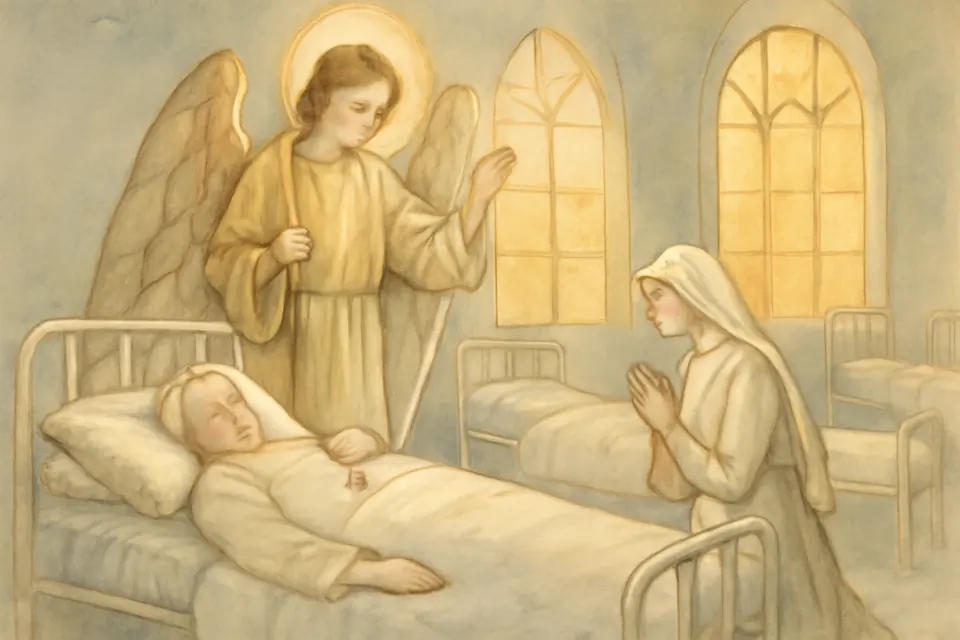 Illustration of St. Raphael the Archangel standing at the bedside of a sleeping patient in an old hospital ward at dawn while a nurse in a white veil prays