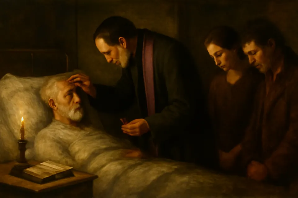 Oil-painting-style illustration of a priest in a purple stole anointing the forehead of an elderly man in a hospital bed as his family prays