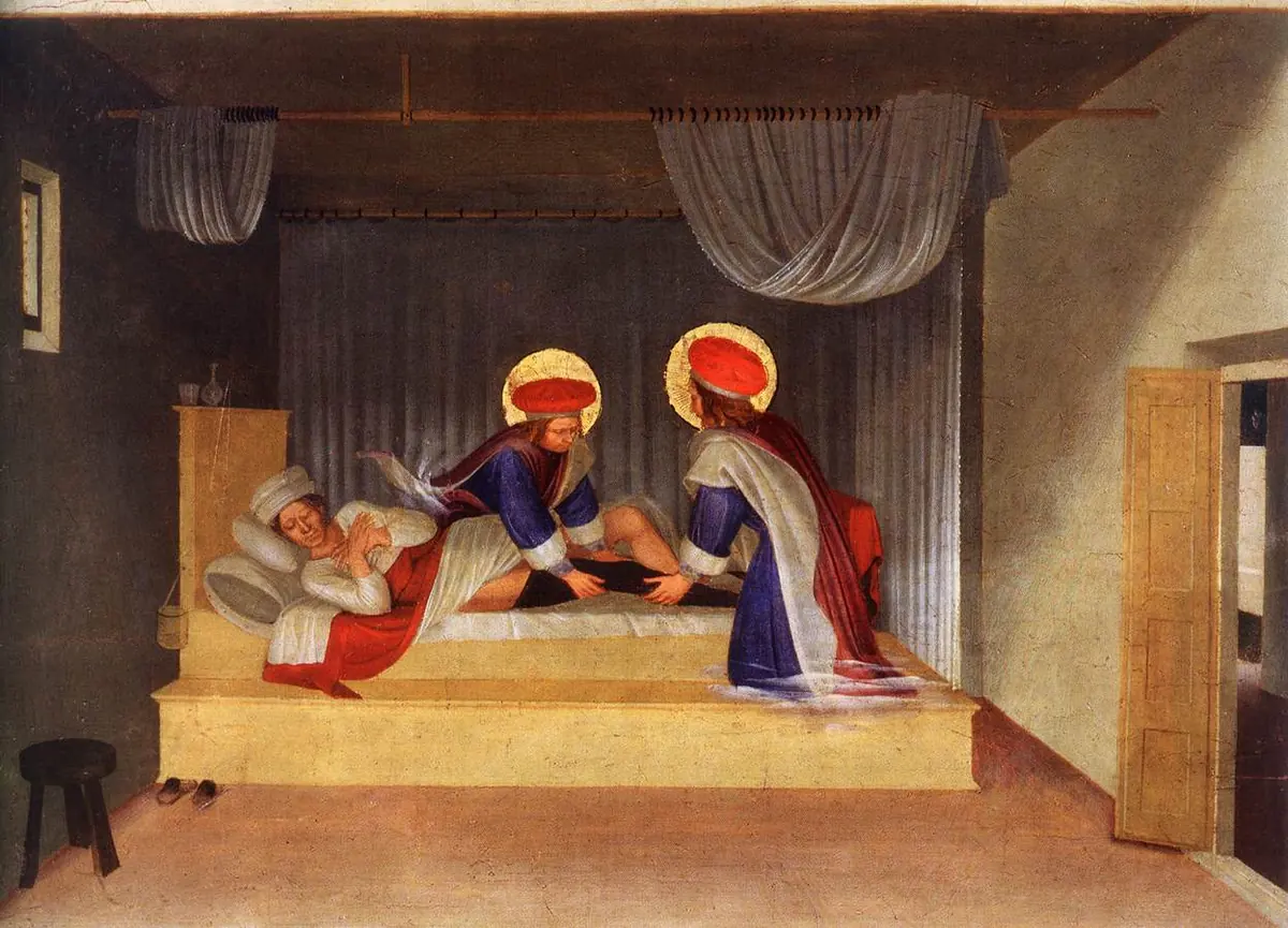 Two haloed saints in red and blue robes bend over a sleeping man in a curtained bed, fitting a new leg in place while he sleeps