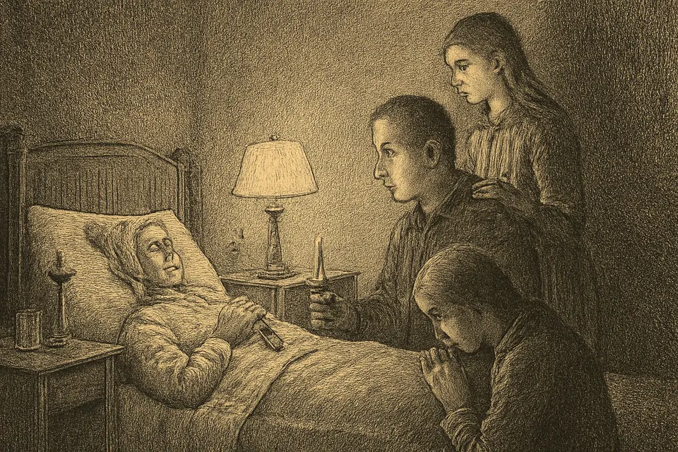 Engraving-style illustration of a family keeping vigil at the bedside of a dying grandmother, a candle burning beside a crucifix
