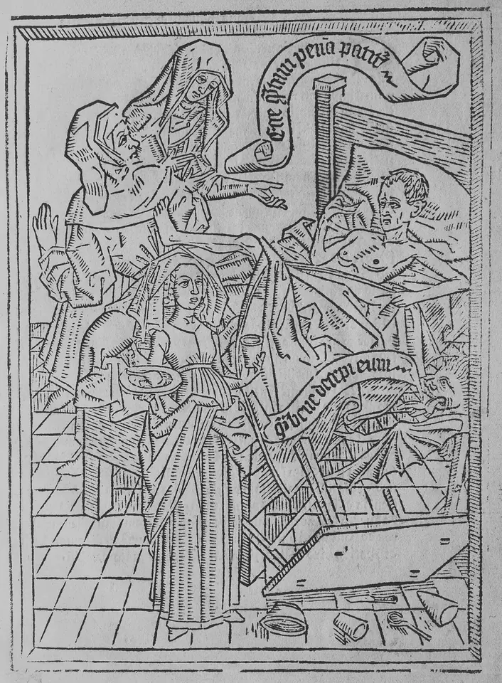 Fifteenth-century woodcut of a dying man in a canopied bed surrounded by figures at his bedside, with banners of Latin text unrolling above them