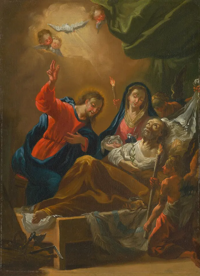 The dying St. Joseph lies in bed, his head in the arms of the Virgin Mary, while the young Christ in red and blue raises his hand toward heaven and the dove of the Holy Spirit appears above