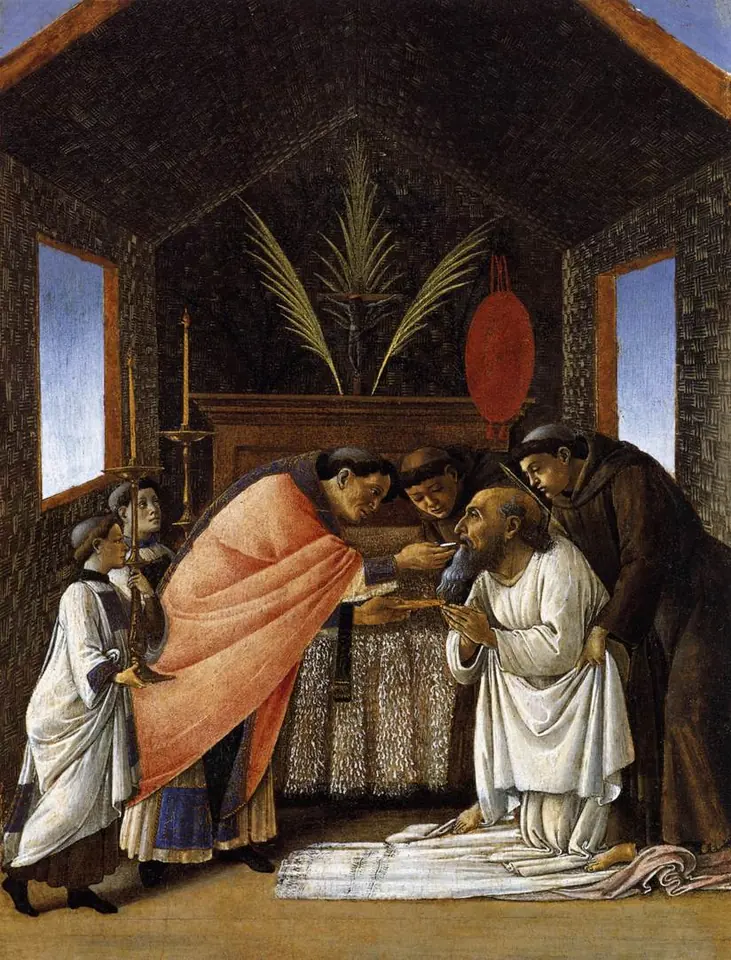 The aged St. Jerome, too weak to stand, is held up by his monks in a small cell as a priest gives him his last Holy Communion