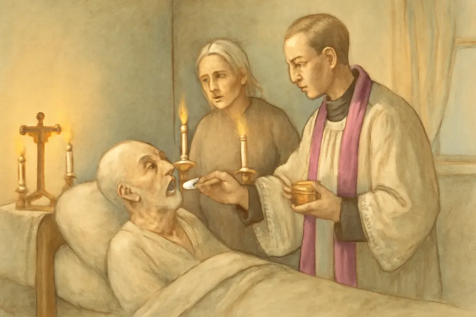 Watercolor-style illustration of a priest giving Holy Communion to a dying old man in his bed at home while his wife holds a lit candle