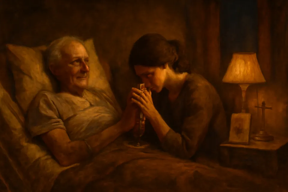 Oil-painting-style illustration of a grown daughter holding her elderly father's hand and praying at his hospital bedside