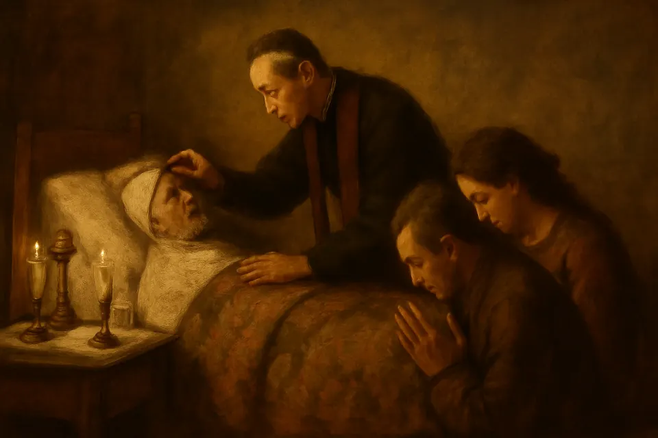 Oil-painting-style illustration of a priest anointing the forehead of an elderly woman in bed at home while her family prays