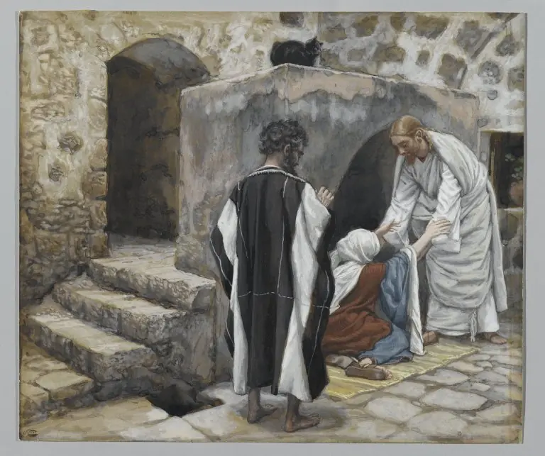 Watercolor of Jesus in white bending to take the hand of an old woman lying on a mat in a stone courtyard, while Peter watches from the doorway