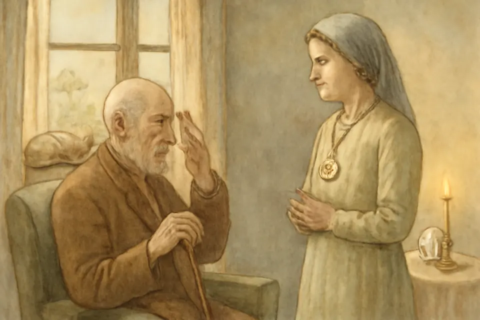 Watercolor-style illustration of two parish volunteers bringing Holy Communion to a homebound man in his armchair