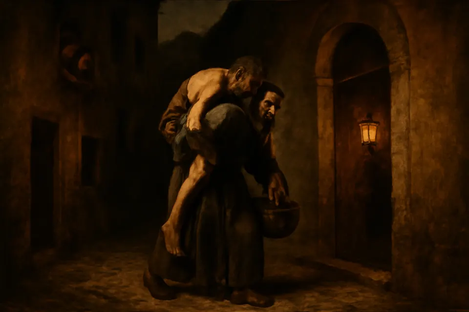 Oil-painting-style illustration of St. John of God carrying a sick beggar on his back through a street of Granada at night