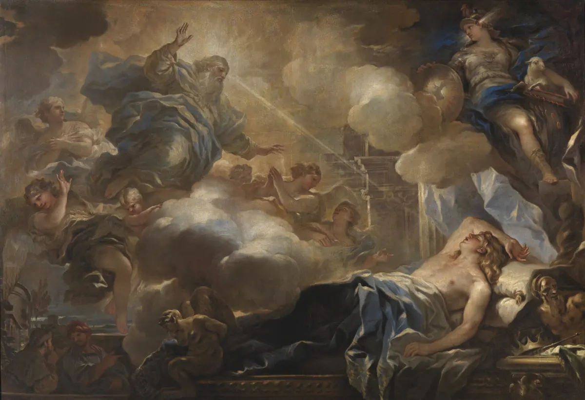 The young King Solomon sleeps on a couch while God the Father appears above him in a burst of golden light among clouds and angels