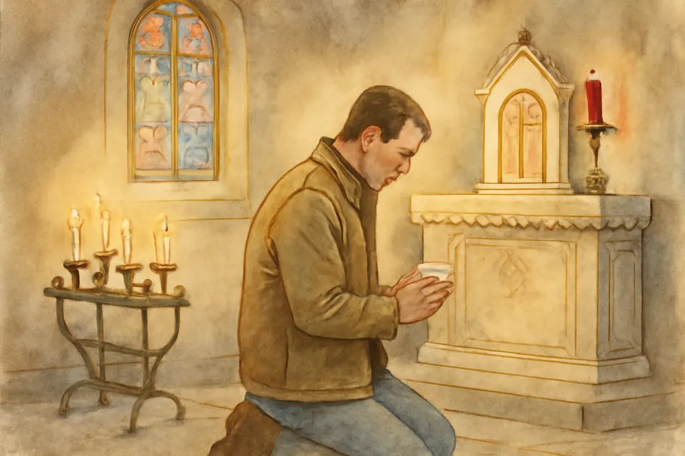 Watercolor-style illustration of a middle-aged father kneeling alone in a chapel before the tabernacle, holding a folded paper