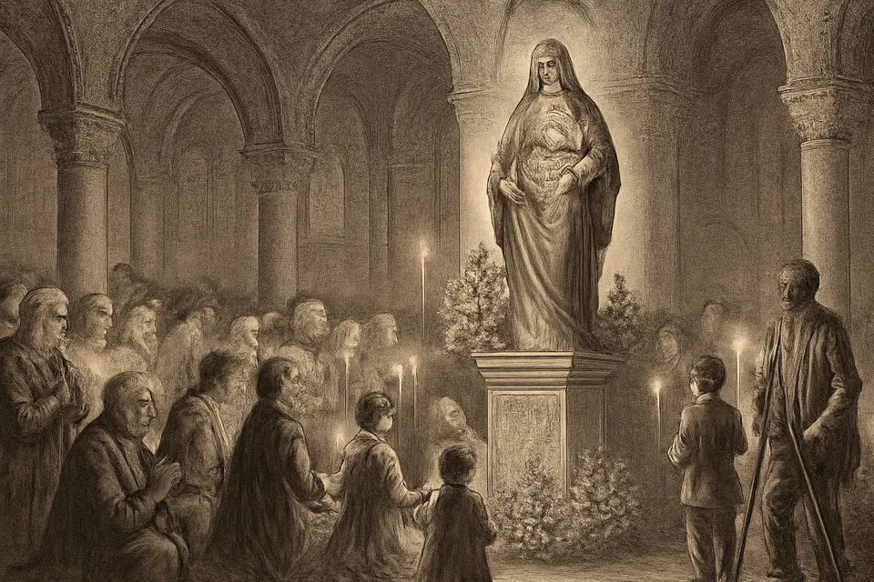 Oil-painting-style illustration of pilgrims kneeling with candles before a crowned statue of St. Anne holding the child Mary in a great church on her feast day