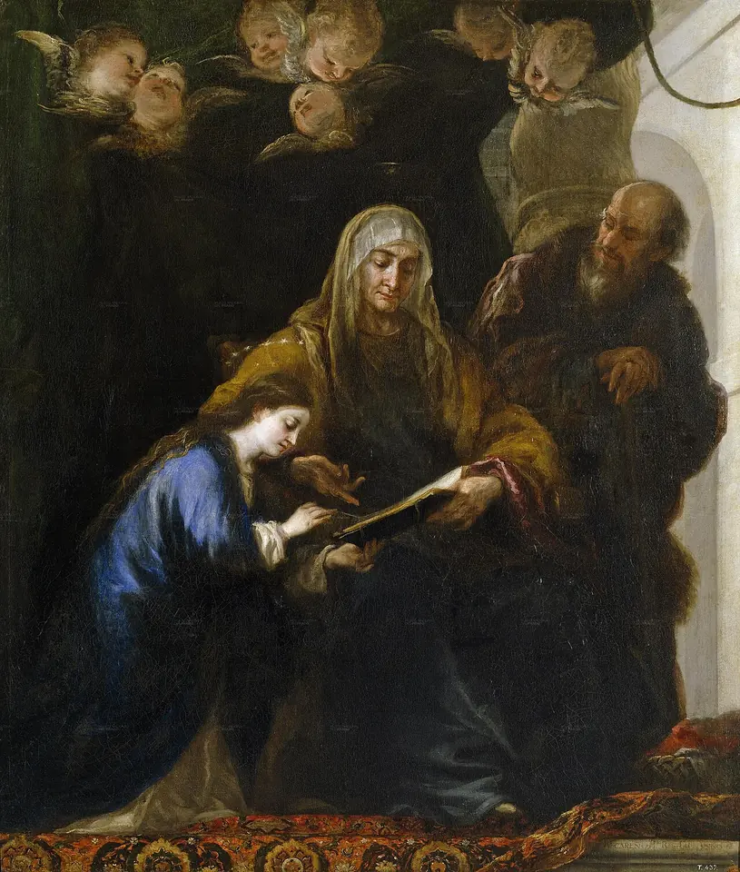 Baroque painting of the young Mary in blue kneeling to read from a book held by Anne, with an old Joachim looking on and cherubs above