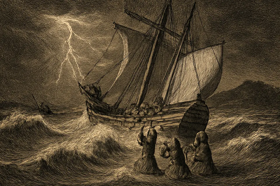 Engraving-style illustration of Breton sailors in a small ship on a stormy river praying to St. Anne as the waves drive them toward the shore