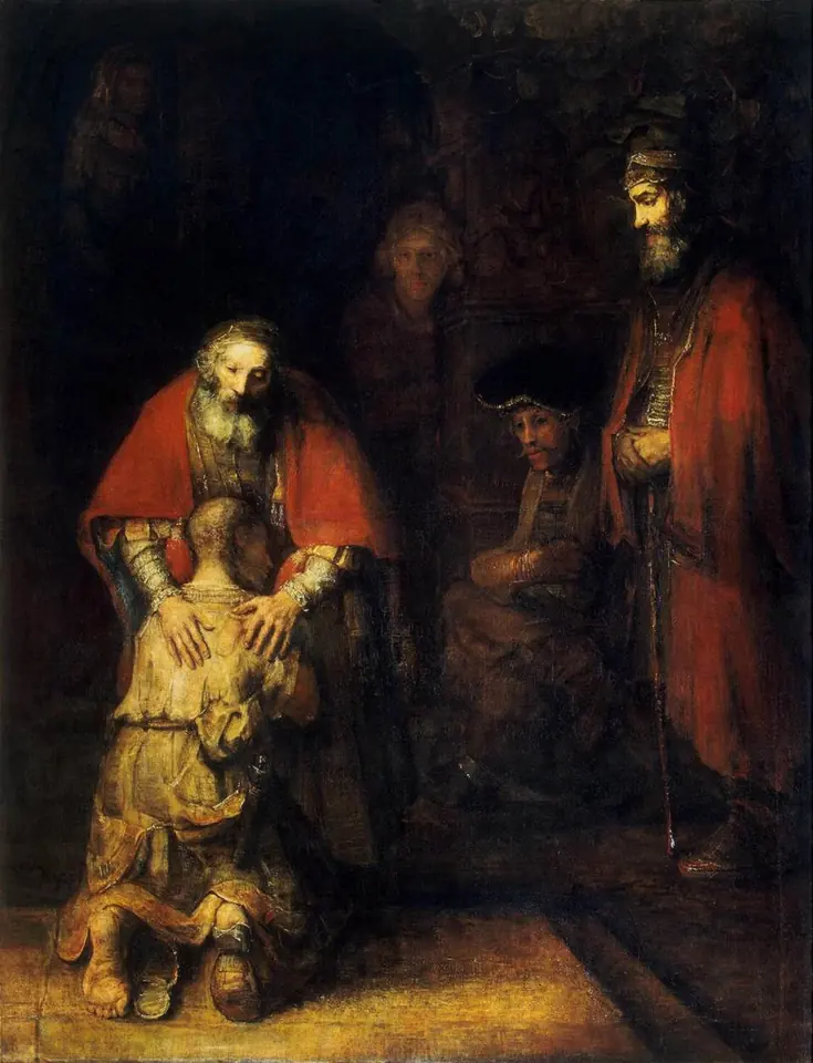 An old father in a red cloak bends to embrace his ragged son, who kneels against him with shaved head and worn sandals, while others watch from the shadows
