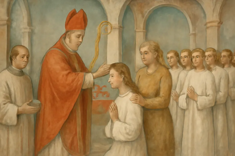 Ilustración en estilo fresco de un obispo con mitra roja que unge en la frente a una joven arrodillada en su Confirmación, mientras su madrina le pone la mano en el hombro