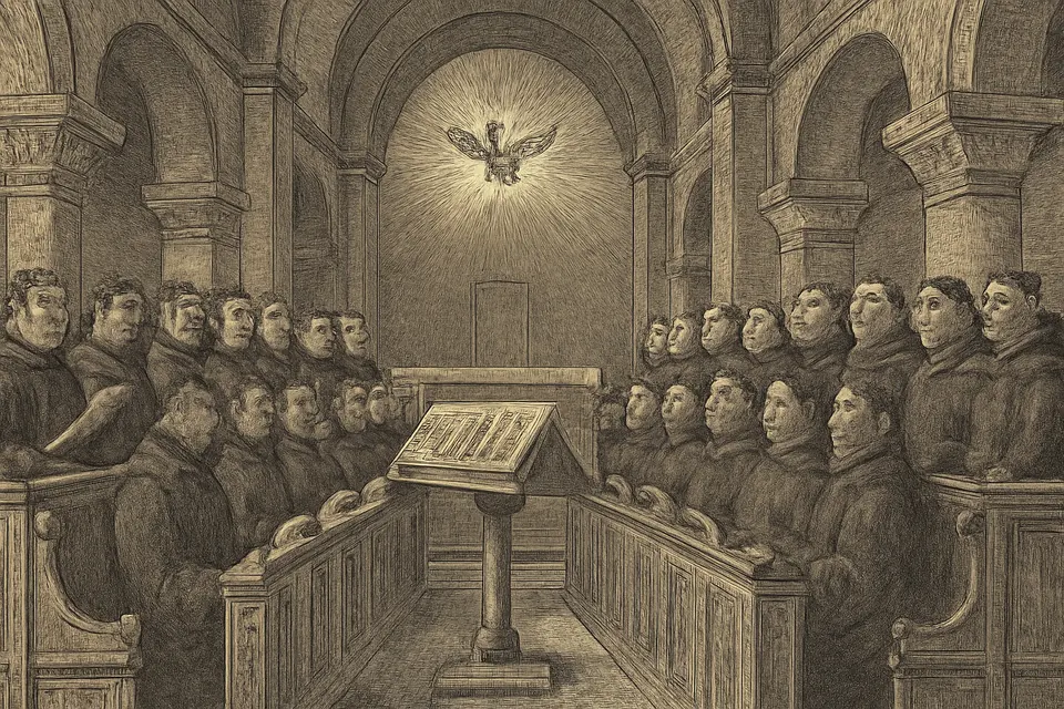 Ilustración en estilo grabado de monjes que cantan en el coro de una abadía mientras la paloma del Espíritu Santo resplandece sobre ellos