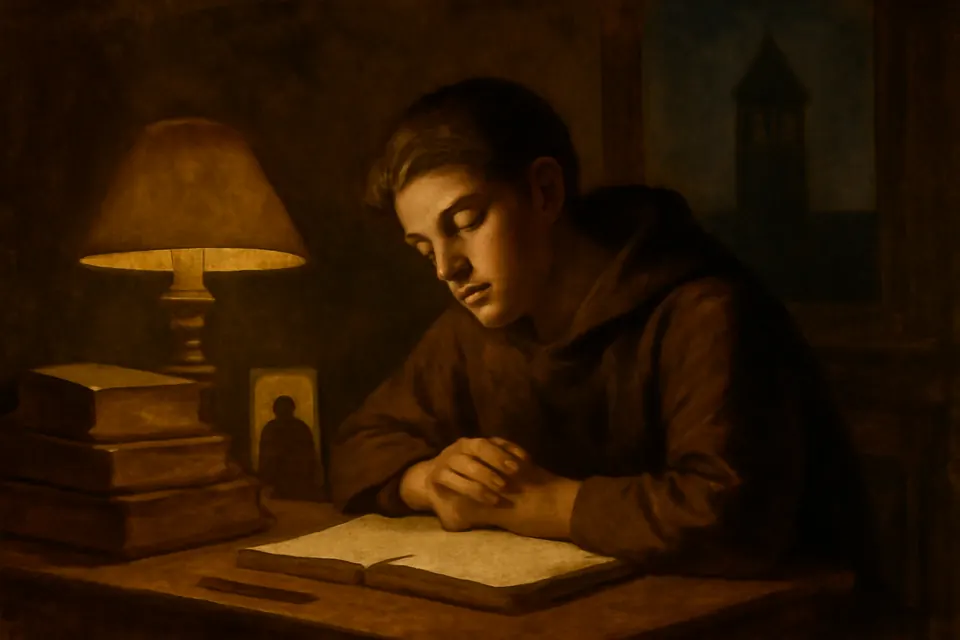 Engraving-style illustration of a young student pausing with folded hands over an open notebook and a stack of books by lamplight before an examination