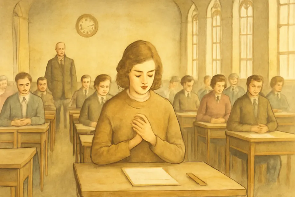 Watercolor illustration of a student quietly making the sign of the cross at her desk in a large examination hall before turning over the test paper