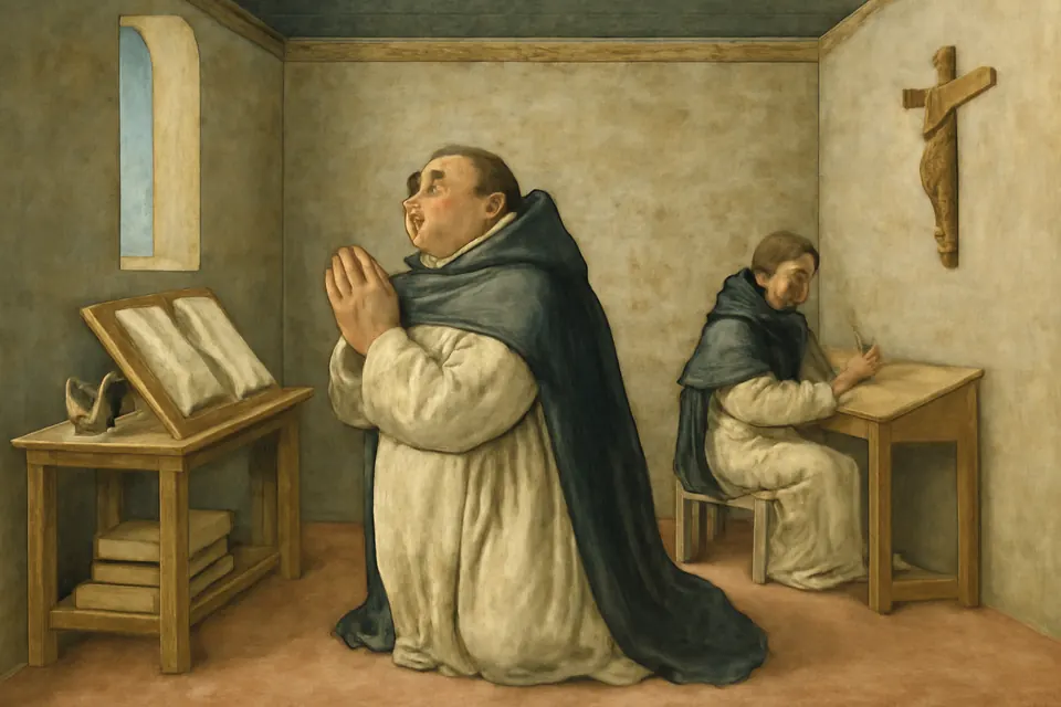 Fresco-style illustration of St. Thomas Aquinas kneeling in prayer at a desk covered with books before he begins to write