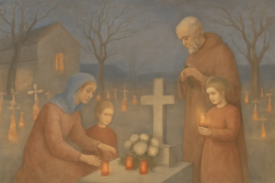 Oil-painting-style illustration of a family lighting candles on a grave in a churchyard at dusk in November