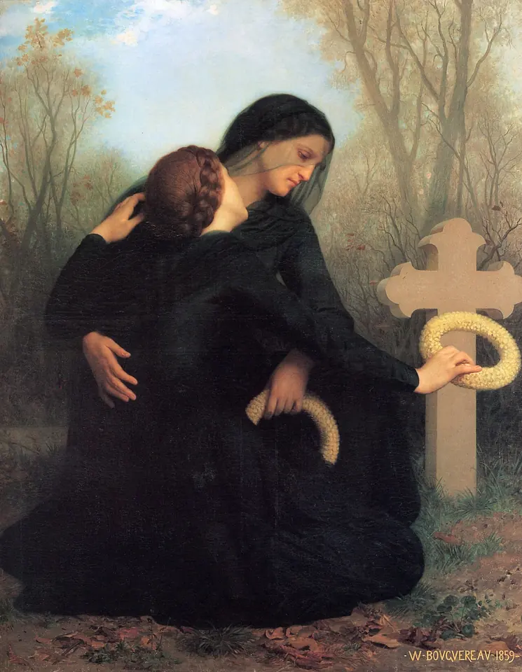 Two women in black mourning clothes embrace at a stone cross in an autumn cemetery while the younger hangs a wreath on it