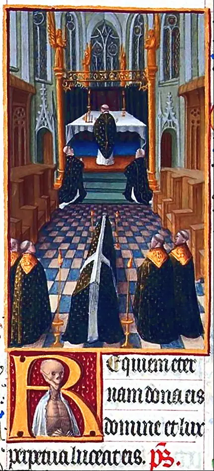 Manuscript miniature of a Gothic church where mourners in black hoods kneel around a draped coffin before the altar, above a large letter R and the words Requiem aeternam dona eis Domine