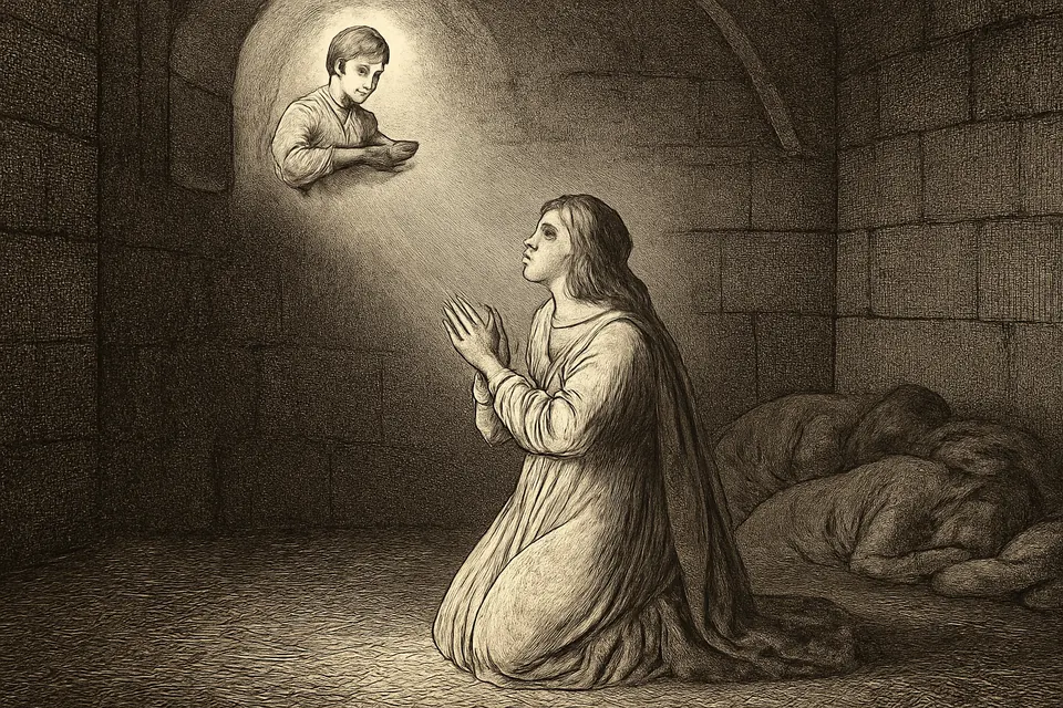Engraving-style illustration of St. Perpetua kneeling in a Roman prison cell, praying for her young brother who had died
