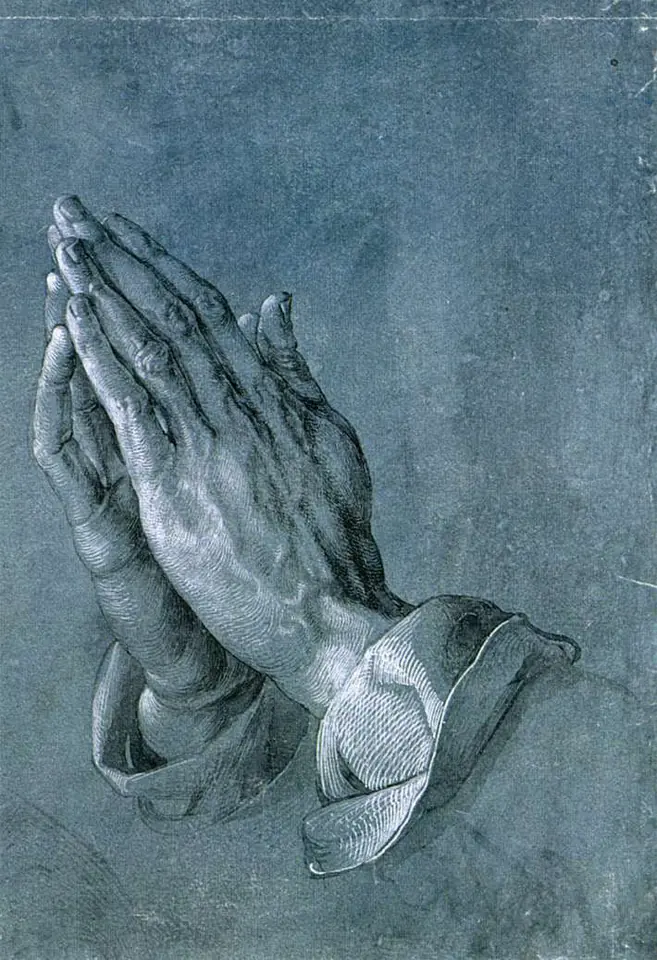 Dibujo en blanco y negro sobre papel azul de dos manos unidas en oración, con los puños de las mangas a la vista