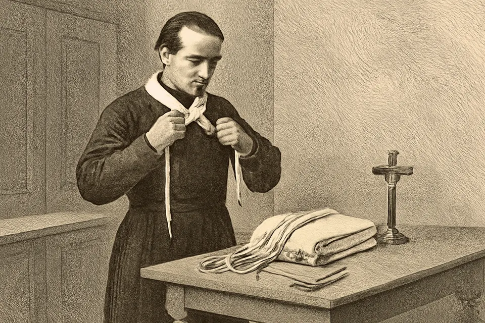 Engraving-style illustration of a priest tying the strings of a linen amice around his shoulders, an alb laid out beside him