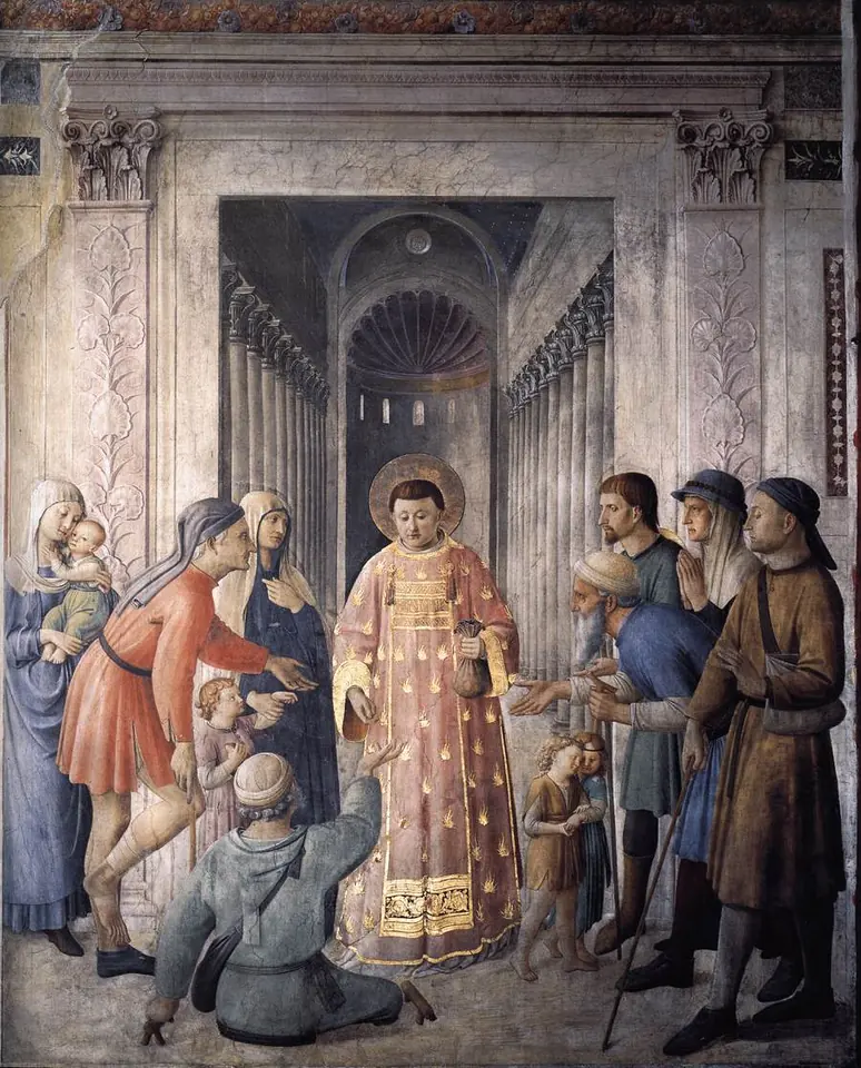 Fresco of the young deacon St. Lawrence in a long rose-colored dalmatic with gold bands, giving coins to a crowd of poor people, mothers, children and a cripple kneeling before him in a columned church
